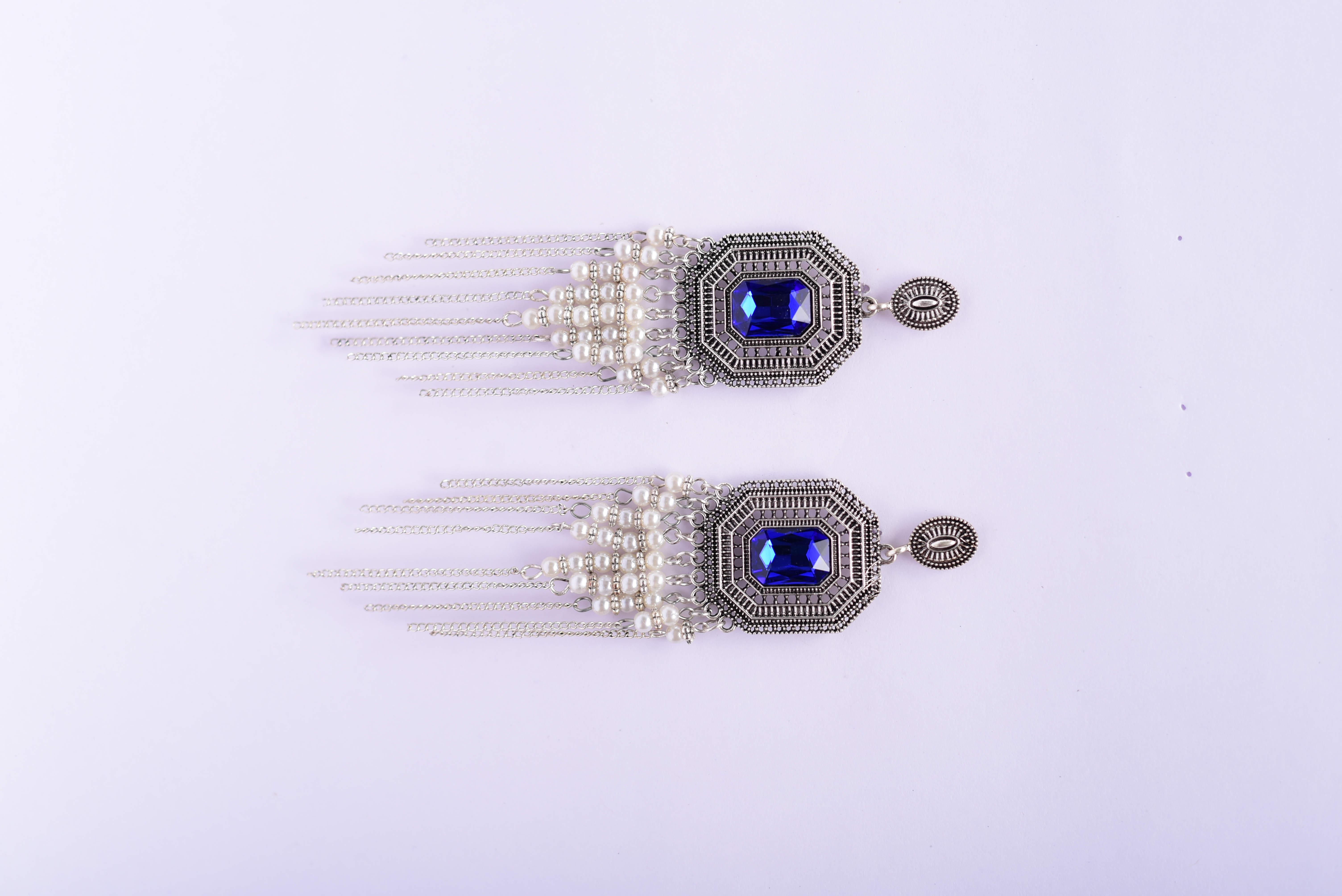 Namokriti Boho Elegance: Handcrafted Oxidized Silver Earrings with Stunning Blue Stone & Beaded Chain Dangles